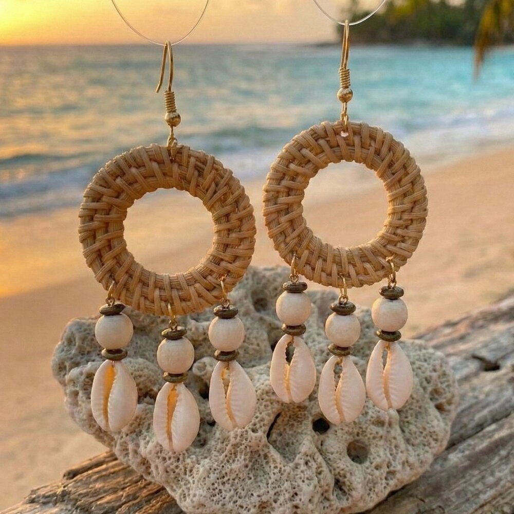Rattan Woven Hoop Earrings Cowrie Shell Dangle Boho Coastal Mermaidcore Beach - Picture 12 of 16